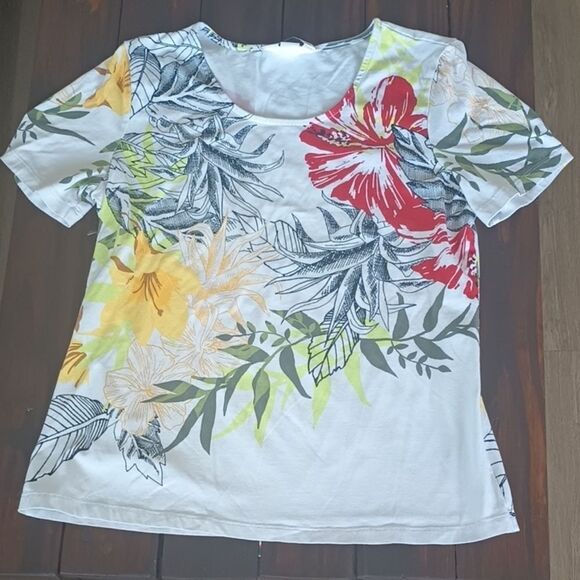 Christopher & Banks Women Sz Medium White Floral Print Short Sleeve Top Cotton - Picture 1 of 6